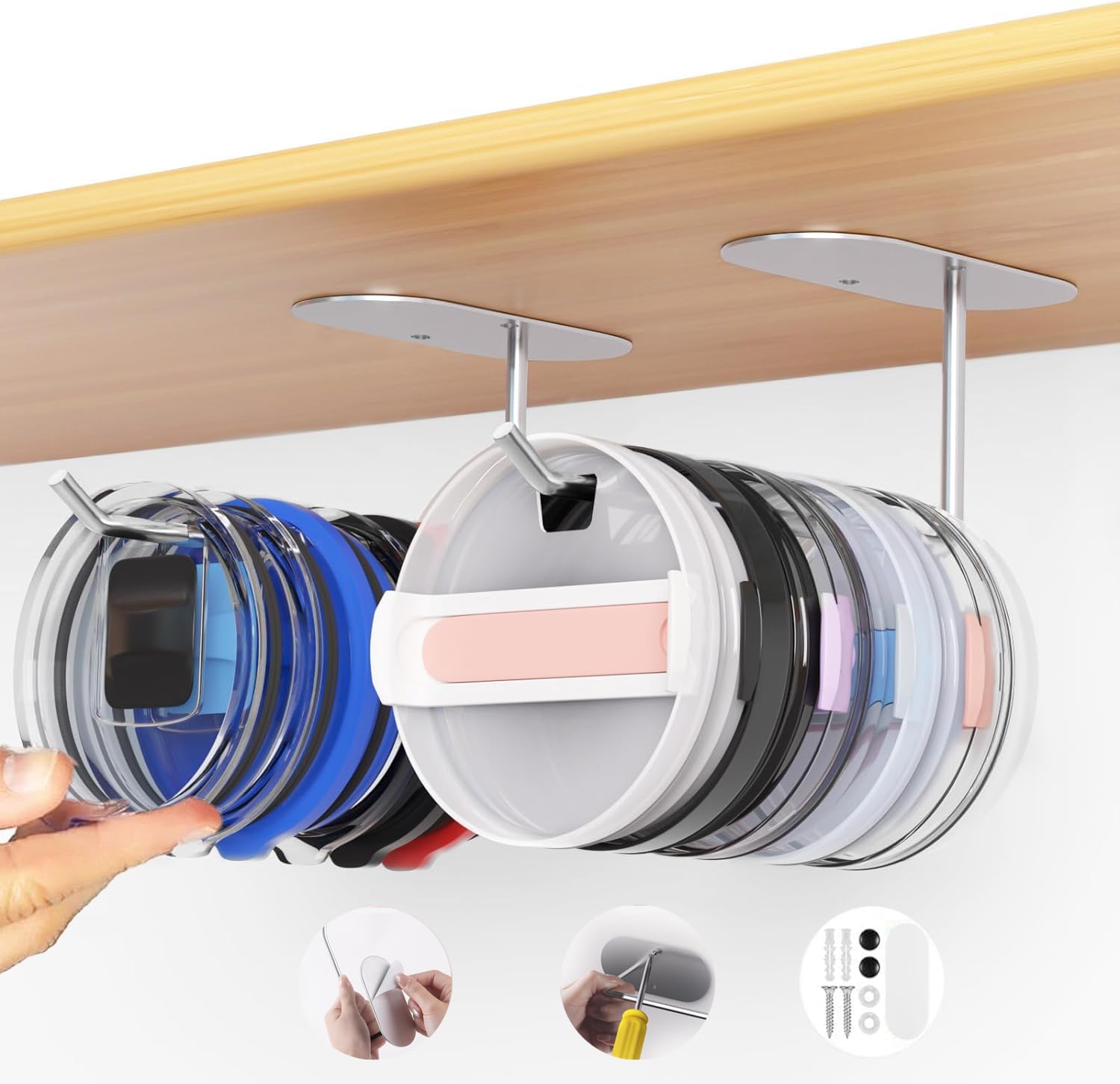 RODDEN Tumbler Lid Organizer, 2PCS Space Saving Cup Lid Organizer for Tumbler/Stanley Tumbler/Owala Tumbler Lid, Self-Adhesive or Drilling Tumbler Lid Hook for Kitchen Organizers and Storage