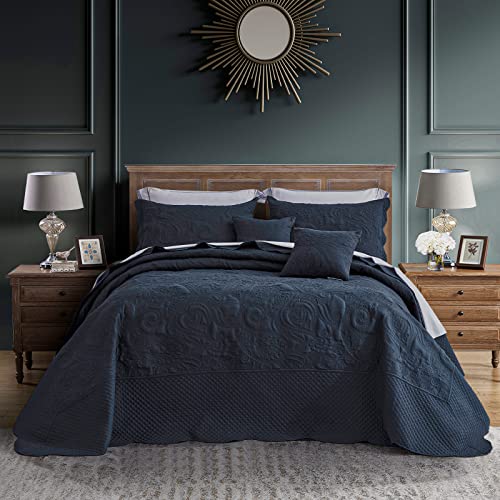 Oversized King Bedspread, Ultrasonic Lightweight Bedding Cover, Paisley Pattern, Reversible, 5 Piece, 100% Microfiber, King/Cal King, Dark Grey