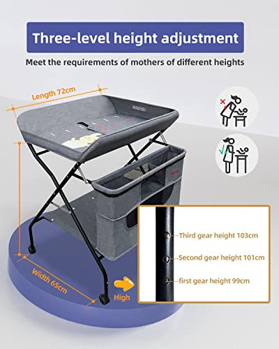 Portable Baby Changing Table, Diaper Changing Table Dresser Changing Station for Infant, Diaper Changing Table Pad, Mobile Nursery Organizer for Newborn -Grey