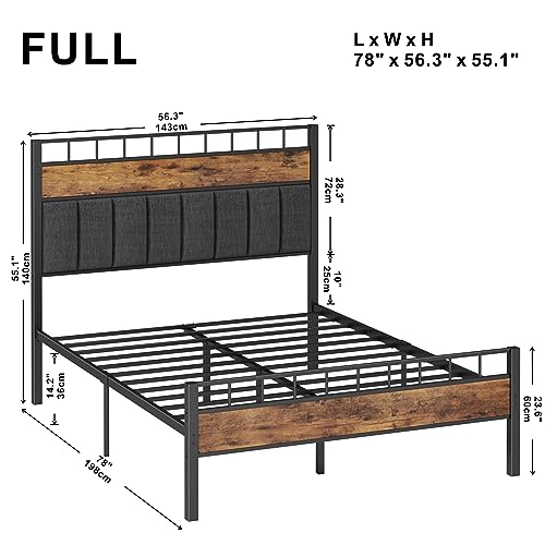 LIKIMIO Full Size Bed Frame with upholstered high headboard, Sturdy and No Noise Platform Bed, No Box Spring Needed, Easy Assembly, Vintage Brown