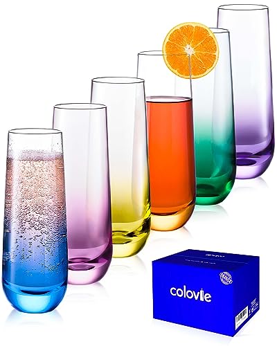 ColoVie Martini Glasses Set of 6 - Cocktail Glasses - 8oz Stemless Margarita, Bar, Dessert Glass - Colored Liquor Drinking Glassware - Cosmo, Manhattan, Espresso Martini - Cocktail Party Gift for Her