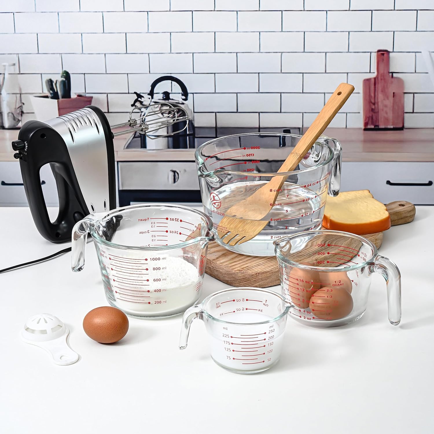 Set of 4 Glass Measuring Cups - Kitchen Mixing Bowl, Liquid Measure Cup, Glass Bakeware Batter Bowls. 1 cup, 2 cup, 4 cup, 8 cup.