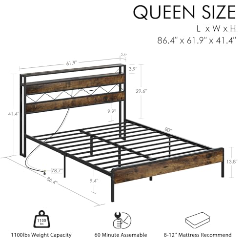 Queen Bed Frame with Storage Headboard, Bed Frame Queen Size with Charging Station, Platform Bed with Led Lights, Solid and Stable, Noise Free, Easy Assembly, Vintage Brown