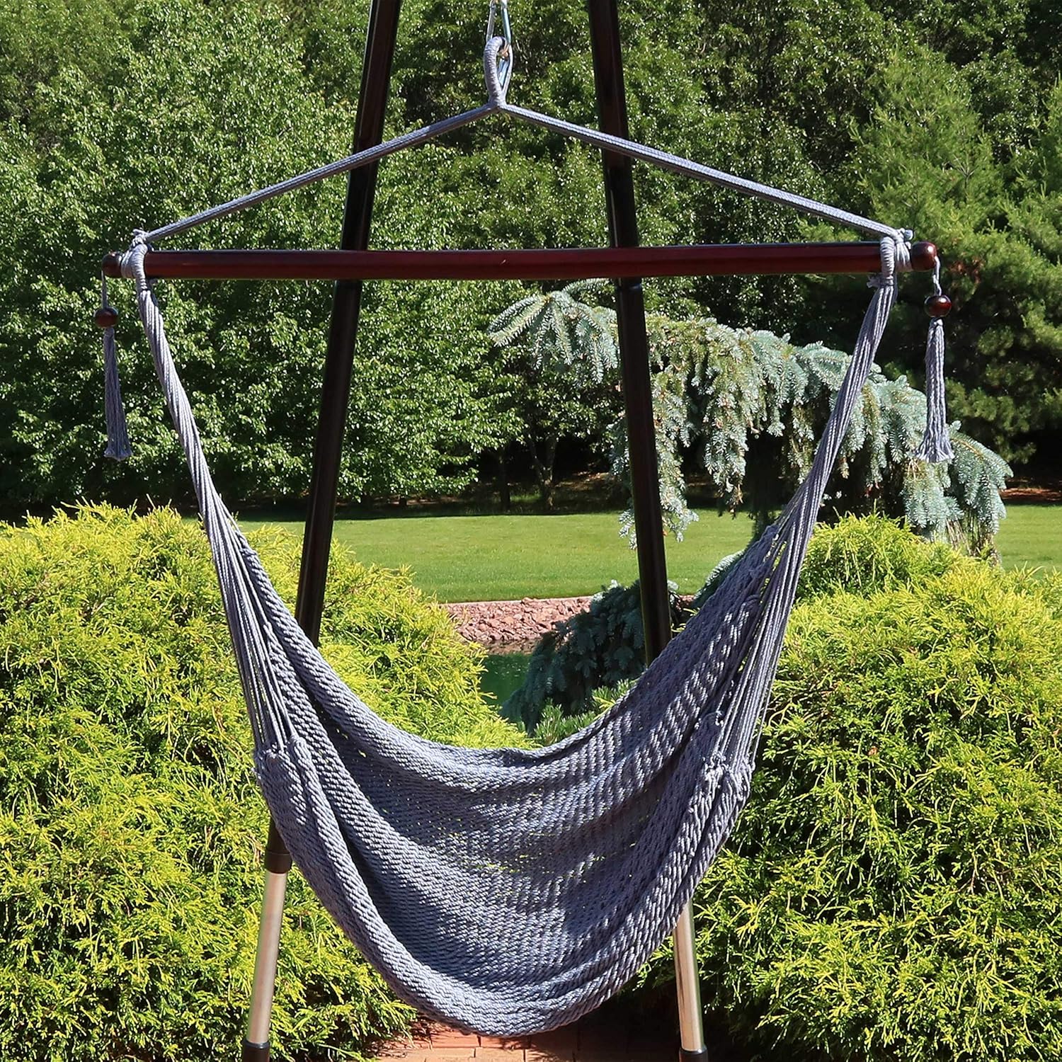 Sunnydaze XL Gray Hanging Polyester Rope Caribbean Hammock Chair and 79- to 93-Inch Tall 330-Pound Weight Capacity Heavy-Duty Hanging Chair Stand Bundle