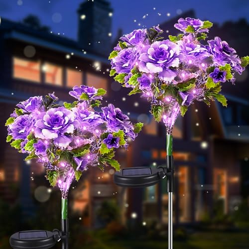 Neporal Solar Garden Lights Outdoor Waterproof IP65, 4PK Dusk to Dawn Purple Carnation Solar Flowers Outdoor Waterproof for Garden Decor for Outside, Solar Lights Outdoor Gardening Gifts for Women