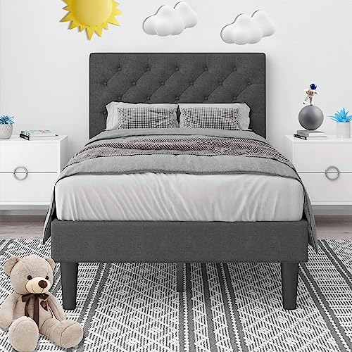 4 EVER WINNER Twin Bed Frames with Headboard, Upholstered Twin Size Platform Bed Frame with Button Tufted, Solid Wood Slat Support, No Box Spring Needed, Easy Assembly, Grey