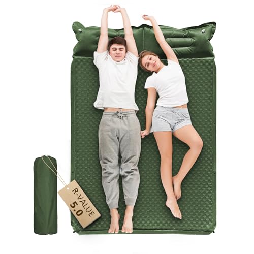 Double Sleeping Pad, 2in Camping Mattress 2 Person with Pillow, 5R Suede Insulated Self Inflating Camping Pad, Air Mattress Inflatable Sleeping Mat for Backpacking,Hiking(Khaki)
