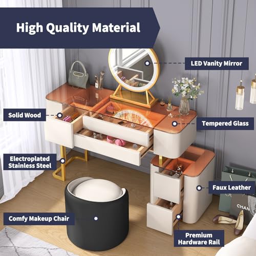 ZAFLY 47inches Vanity Set with Light and Mirror, Makeup Vanity with Moveable Mirror and 5 Drawers, Dressing Table with LED Light Mirror and Stool for Home Bedroom Apartment, Modern Grey Vanity Desk