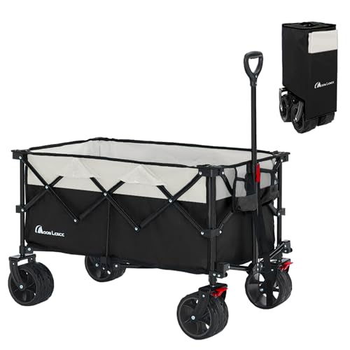 Moon Lence Collapsible Folding Wagon Cart Heavy Duty Folding Garden Portable Hand Cart with All-Terrain Beach Wheels, Adjustable Handle & Drink Holders (Black)