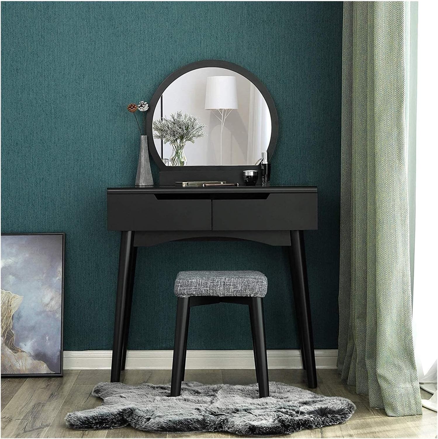 Luxury Dressing Vanity Table w/Stool for Bedroom, Mini Dressing Table with Round Mirror 2 Slide Rail Large Drawer with Stool for Cloakroom, Easy to Assemble Table