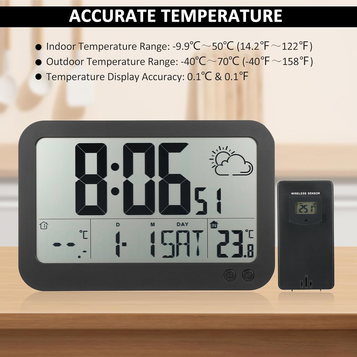 Weather Station,SIUKE Weather Station Wireless Indoor Outdoor Thermometer Temperature Humidity Monitor Adjustable with HD Large Display and Remote Sensor, Black
