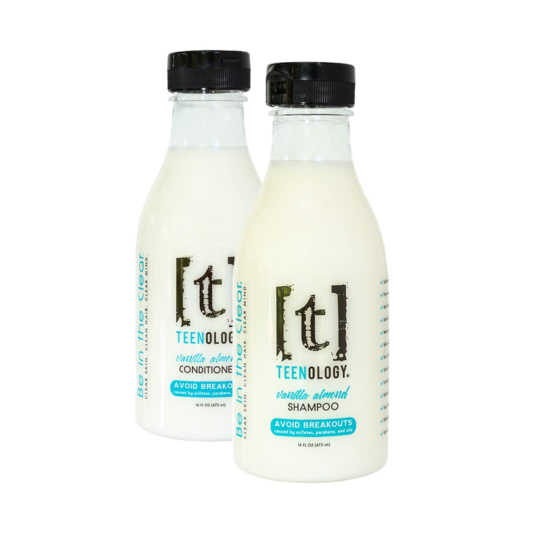 TEENOLOGY Shampoo and Conditioner Bundle (Save 5%) - Helps with Acne and Breakouts - Sulfate and Paraben Free, Noncomedogenic, Natural Botanical Extracts, Vanilla Almond - 16 oz.