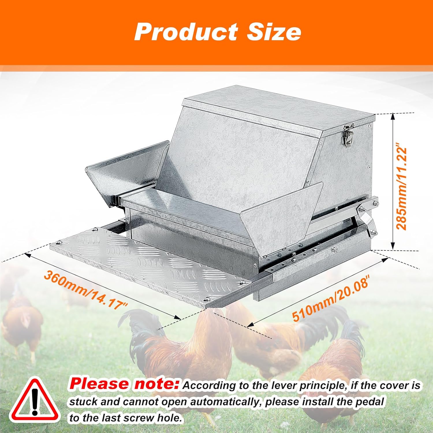 Zhehao Automatic Galvanized Chicken Feeder 25lb Self Opening Sheet Poultry Feeders Metal Treadle Feeders with Weatherproof Lid for Outdoor Fowl Duck, Feeds 6-12 Poultry up to 7 Days, 20 x 14 x 11 Inch