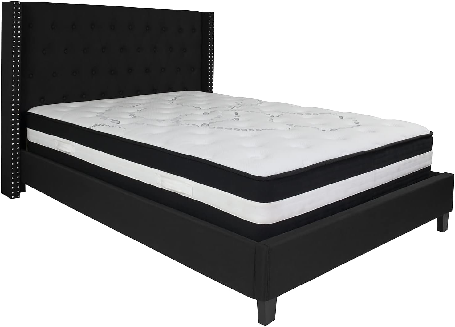 Flash Furniture Riverdale Queen Size Tufted Upholstered Platform Bed in Black Fabric with Pocket Spring Mattress