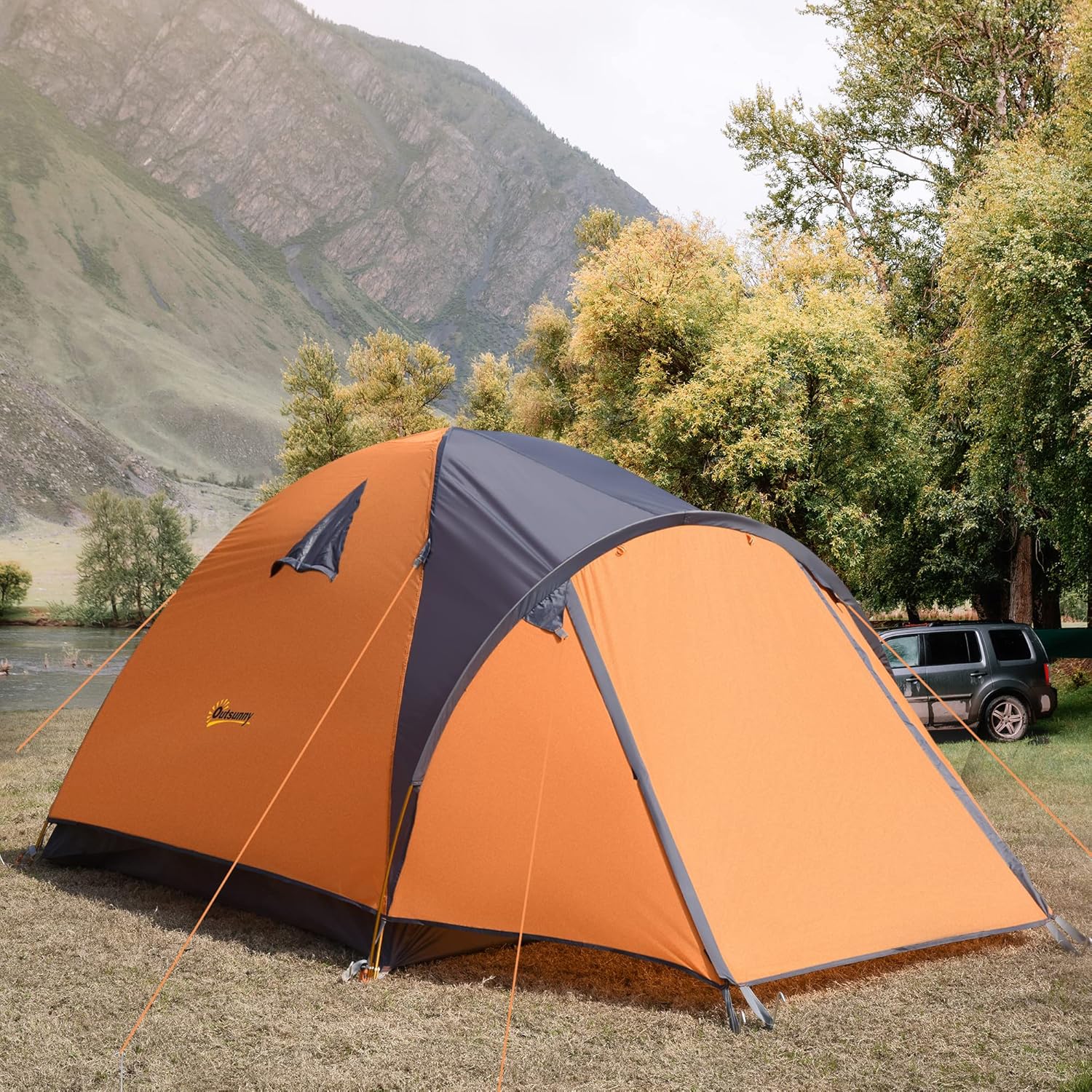 Outsunny Camping Tent with Porch for 4 People, Compact Portable Travel Camping Gear with 3 Doors, Outdoor Dome Tent for Backpacking Hiking or Beach with Windows, Carrying Bag, Orange