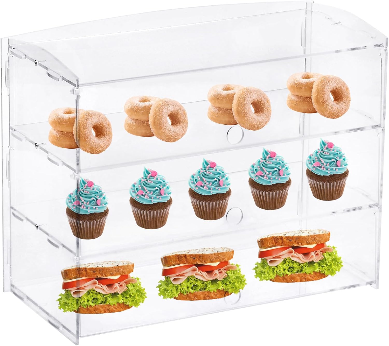 uxcell 3-Tier Pastry Display Case Countertop, Acrylic Donut Display Box with Rear Door Access, Suitable for Bakery Snack Bar Cafe, 19.3
