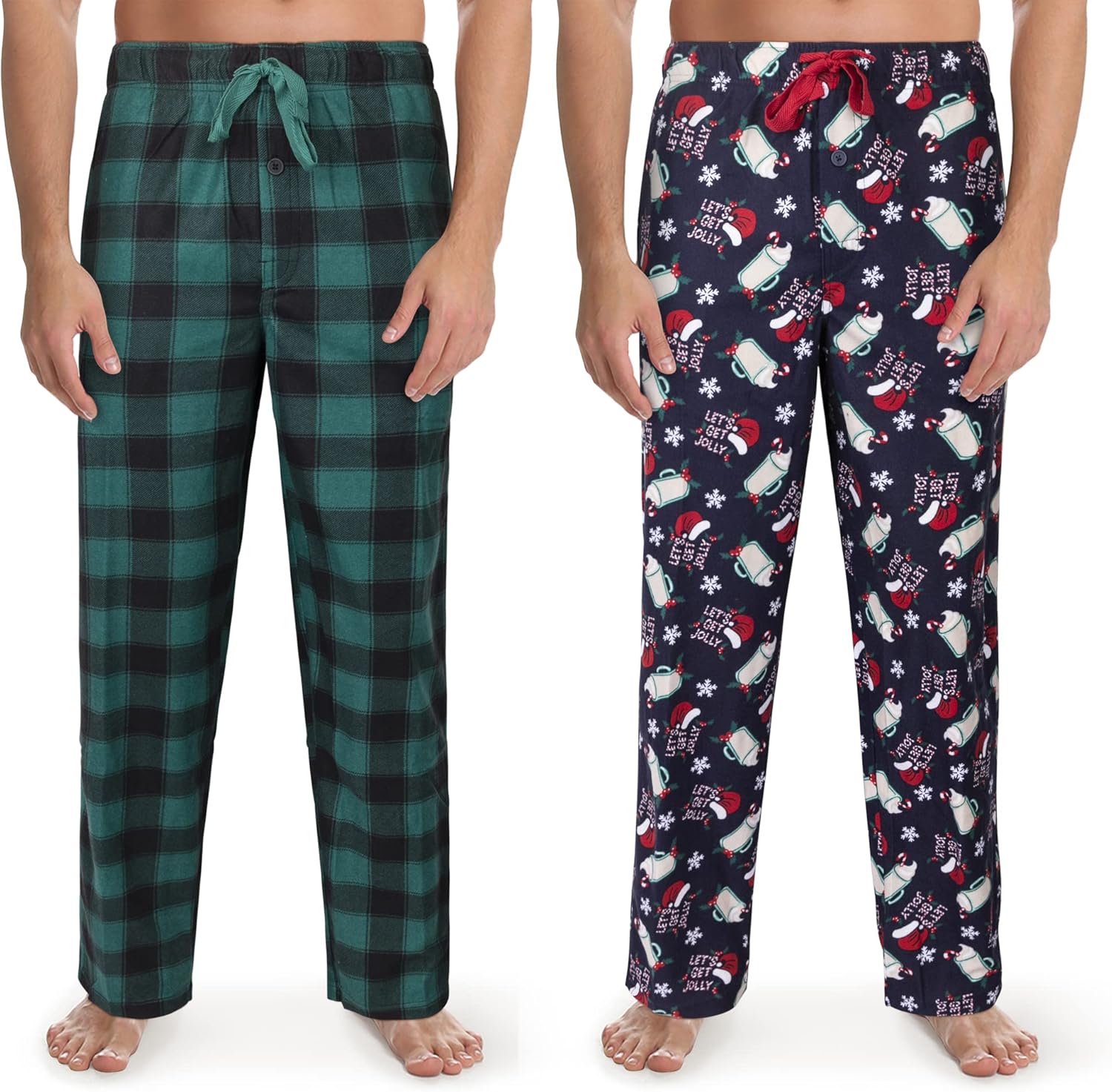 Fruit of the Loom Men's Comfortable Matte Fleece Holiday Sleep 100% Polyester Pants 2 Packs, Green Plaid, Large