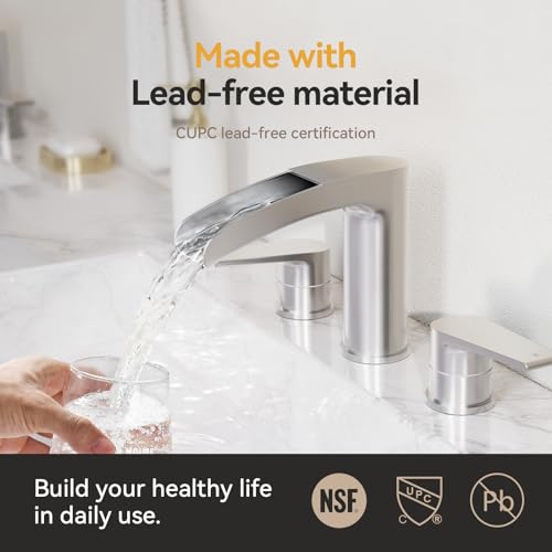 Phiestina Waterfall Brushed Nickel Bathroom Faucet, Widespread 3 Hole 8 Inch Vanity Sink Faucet, with Pop Up Drain and Water Supply Line, NS-WF005-BN