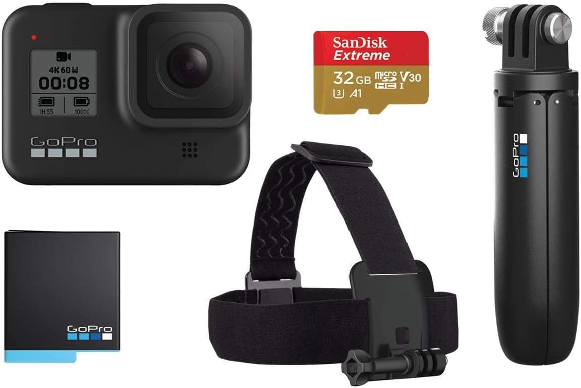 GoPro HERO8 Black Retail Bundle - Includes HERO8 Black Camera Plus Shorty, Head Strap, 32GB SD Card, and 2 Rechargeable Batteries