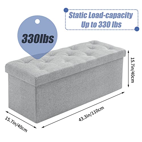 BRIAN & DANY 43 inches Folding Storage Ottoman Bench, 176L Large Linen Fabric Storage Cube Chest, Foot Rest Stool for Living Room and Bedroom, Holds up to 330 lb - Light Grey