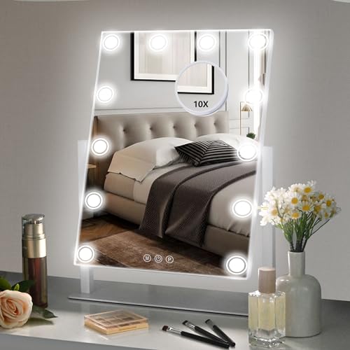 Hollywood Vanity Mirror with Lights, 12 Dimmable LED Bulbs Lighted Makeup Mirror with Detachable 10X Magnification Mirror, 1000mAh Rechargeable, 3 Color Lights, Touch Control