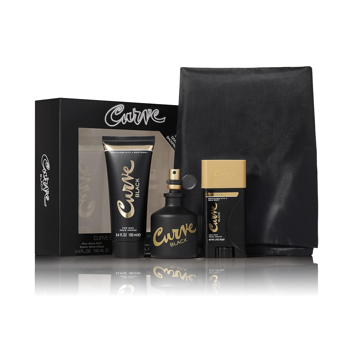 Curve Men's Cologne Gift Set Black, 4 Pieces Include 2.5oz Cologne, 3.4oz After Shave Balm, 1.7oz Deodorant Stick, Drawstring Bag