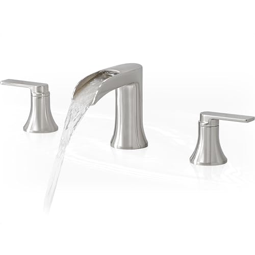 Brushed Nickel Faucet Bathroom, Waterfall Bathroom Faucet 3 Hole, 8-16 Inch Brass Sink Faucet Bathroom, 2 Handle Widespread Faucets for Bathroom Sinks Vanity Lavatory Sanitary, NO Drain Included