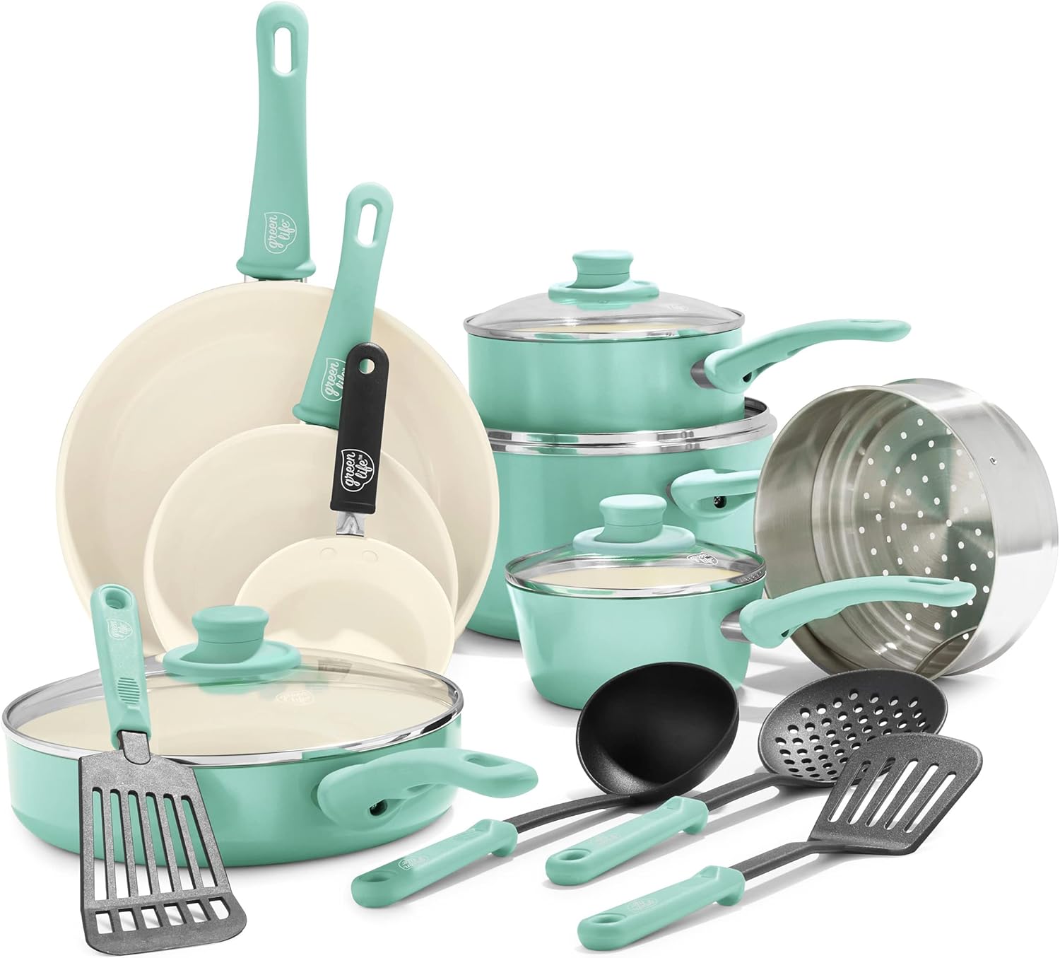 GreenLife Soft Grip Healthy Ceramic Nonstick 16 Piece Kitchen Cookware Pots and Frying Sauce Pans Set, Turquoise & Soft Grip Healthy Ceramic Nonstick, 8