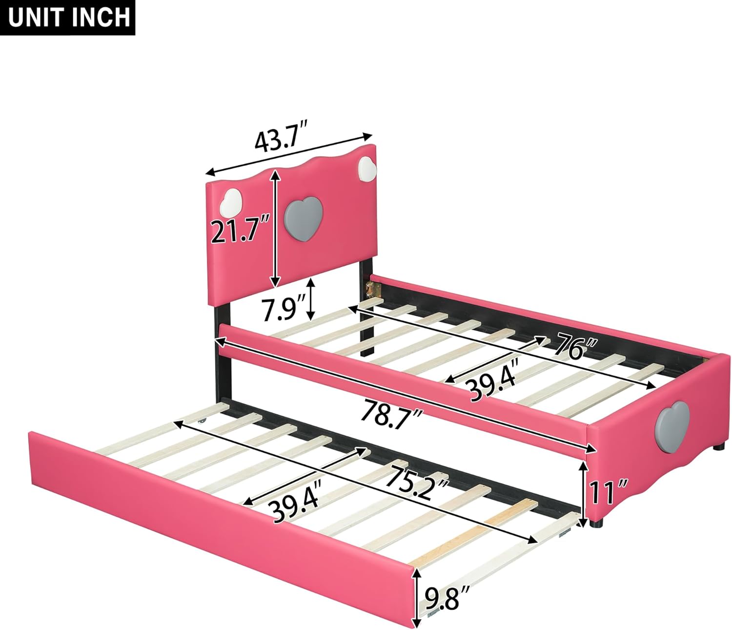 Twin Size Upholstered Platform Bed with Twin Size Trundle, PU Upholstered Bed with Heart Shaped Decoration Headboard and Footboard, Wooden Bed Frame, Dark Pink