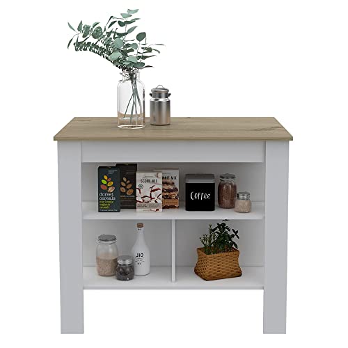 Tuhome Cala Kitchen Island, Four Legs, Three Shelves -White/Onyx