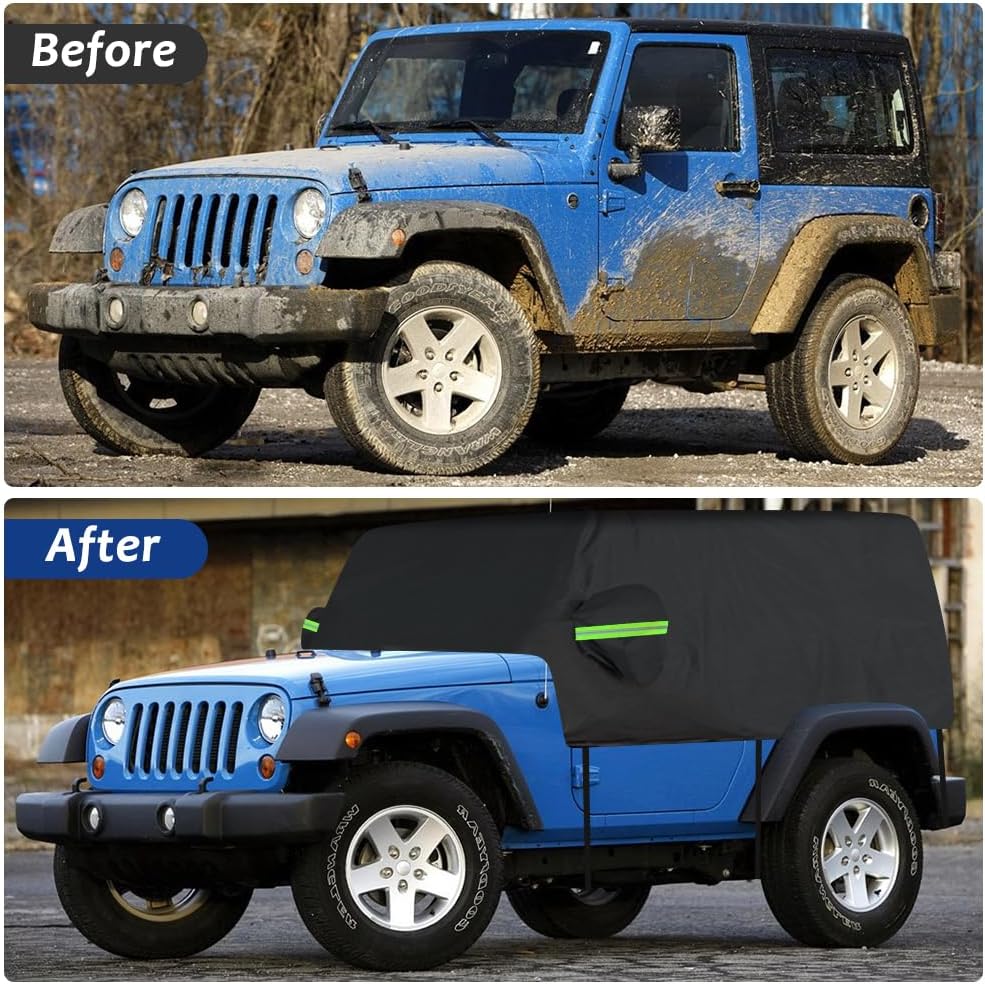 DZG Cab Cover Compatible with Wrangler JL JK YJ TJ 2 Door 1987-2024 Half Car Cover All Weather Waterproof Windproof UV Protection with Reflective Stripes Trunk Zipper