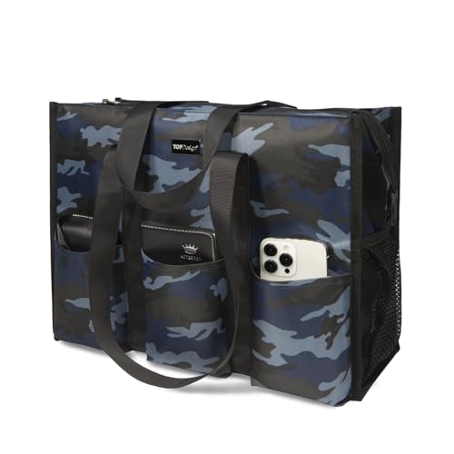 TOPDesign Utility Water Resistant Tote Bag with 13 Exterior & Interior Pockets, Top Zipper Closure & Thick Bottom Support