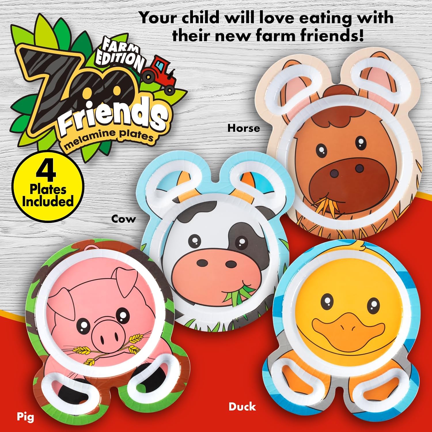 Farm Friends Mealtime Melamine Feeding Plates- Set of 4 Unique Cute Zoo Animal Pal Dishes for Kids- Horse Pig Duck Cow- Divided Compartments for Food Groups & Easy Grabbing, BPA Free, Dishwasher Safe