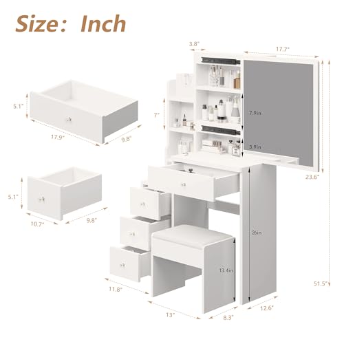 Vanity Desk with Sliding Mirror, Modern Makeup Vanity Table with Storage Shelves and Drawers, Bedroom Dressing Table with Stools for Women Girls, White