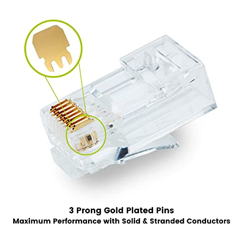 trueCABLE Cat6/6A RJ45 Pass Through Connectors, Unshielded (UTP) Modular Plug, UL Listed, EZ Crimp End, Gold Plated 3 Prong 8P8C, 100 Pieces