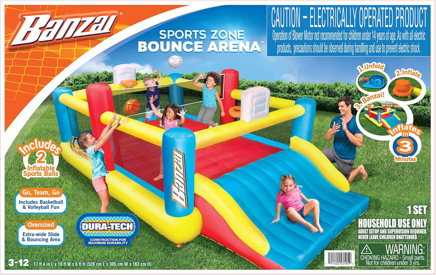 Banzai Sports Zone Bounce Arena: Inflatable Bouncer - Basketball and Volleyball, Motor Air Blower, (17ft 4in L x 10ft W x 6ft H), Ages 3+