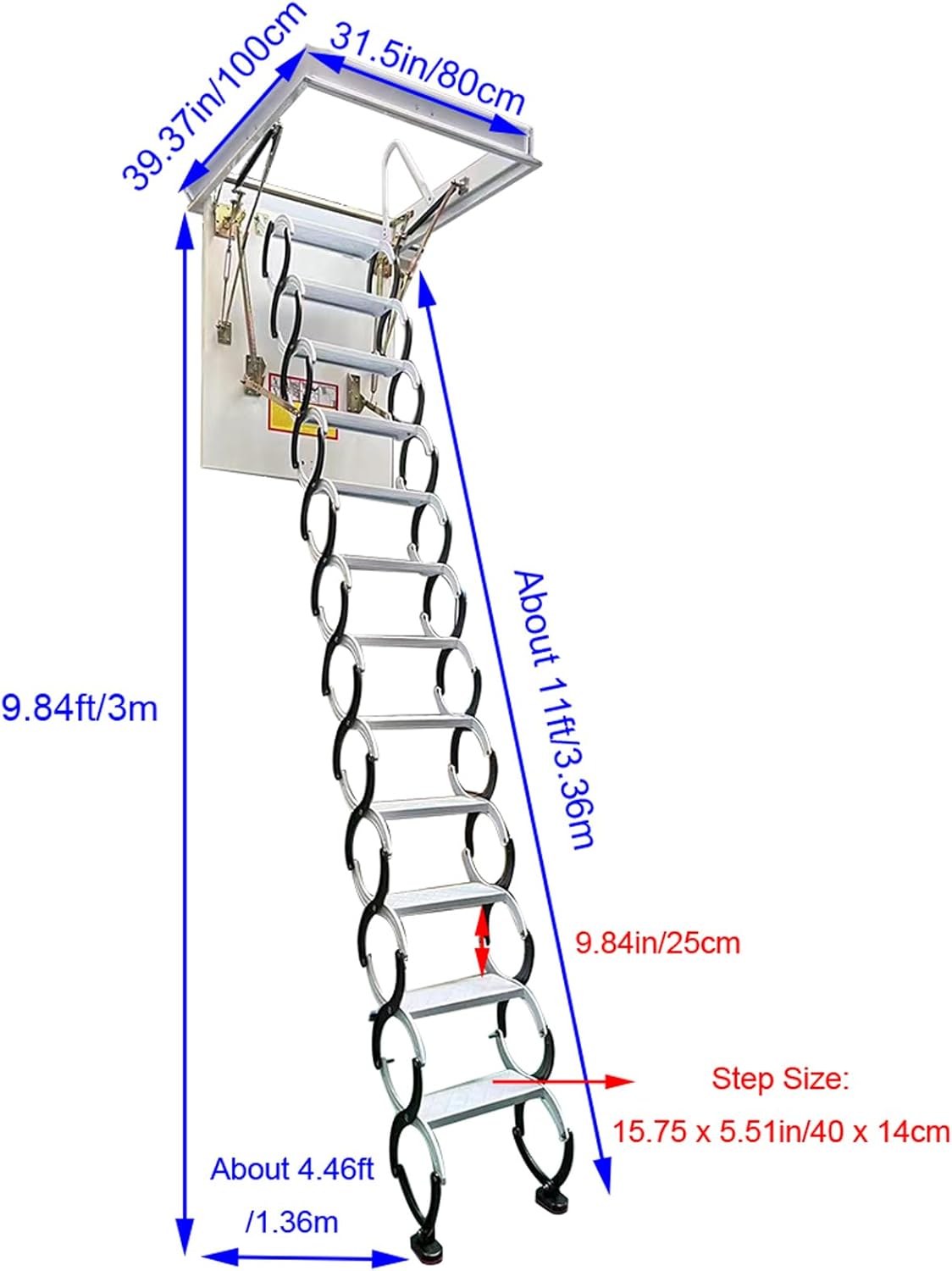 TECHTONGDA Ceiling Attic Loft Ladder, Retractable Pull Down Attic Ladder, 12 Steps Folding Ladder Attic Extension Stairs, 9.84ft Adjustable Height, 660lbs Capacity, 31.5'' x 39.4'', Black + White