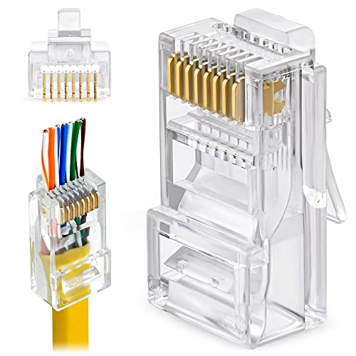 GTZ 100-Pack RJ45 Cat6 Pass Through Connectors - EZ to Crimp Modular Plug for Solid or Stranded UTP Network Cable - Male Ethernet Connector End