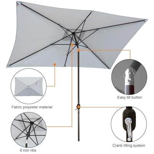 Blissun 10' Rectangular Patio Umbrella Outdoor Market Table Umbrella with Push Button Tilt and Crank (Grey)