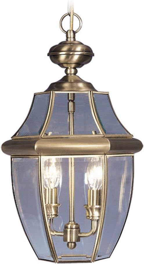 Livex Lighting 2255-01 Monterey 2 Light Outdoor Antique Brass Finish Solid Brass Hanging Lantern with Clear Beveled Glass