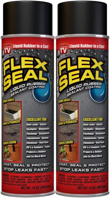 Flex Seal, 14 oz, 2-Pack, Black, Stop Leaks Instantly, Waterproof Rubber Spray On Sealant Coating, Perfect for Gutters, Wood, RV, Campers, Roof Repair, Skylights, Windows, and More