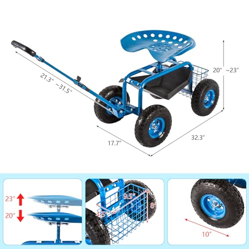 KINTNESS Garden Cart Rolling Work Seat with Tool Tray and Storage Basket on Wheels Heavy Duty Scooter Gardening Planting