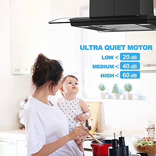 30 Inch Island Range Hood, thermomate 350 CFM Black Stainless Steel Stove Vent Hood with 4 LED Lights, 3 Speed Exhaust Fan with Touch Control, Ducted/Ductless Convertible, ETL Certified