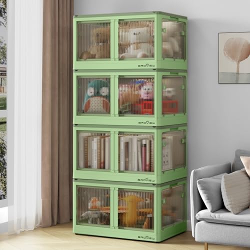 100Gal Stackable Storage Bins with Lids - Collapsible Storage Bins with Doors and Wheels, Folding Plastic Storage Boxes for Closets, Storage Cabinets for Closet (4 Pack Green)