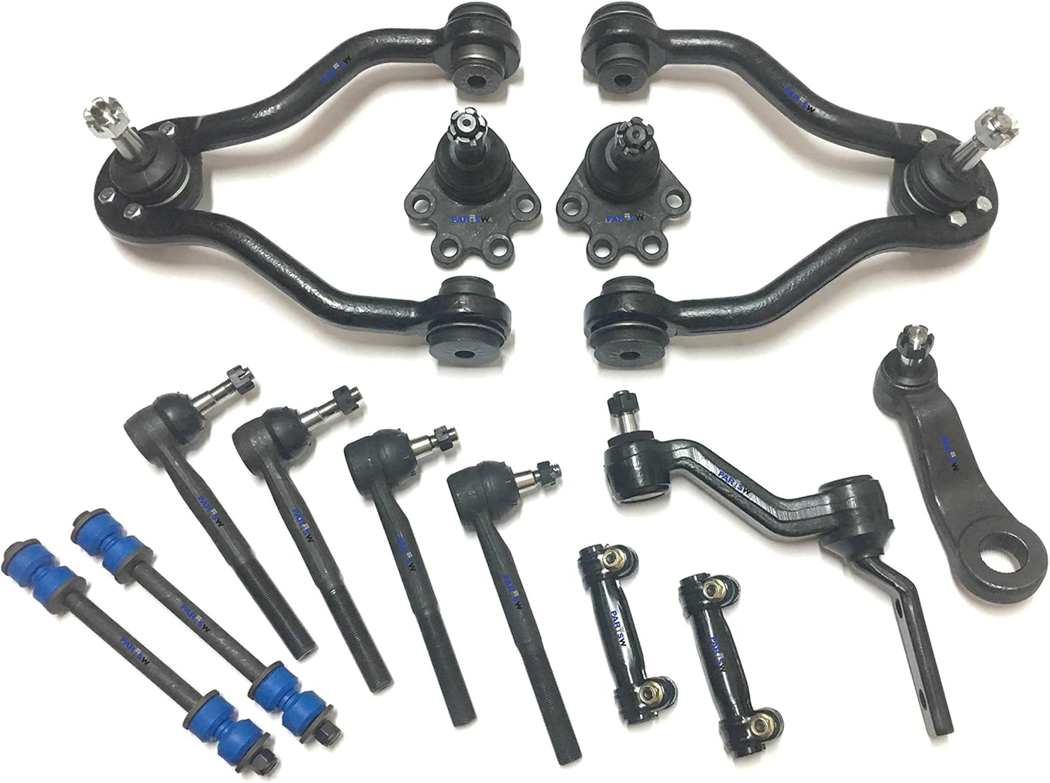 PartsW - 14 Pc Front Suspension Kit Adjusting Sleeves Tie Rod Ends Lower Ball Joints (Bolt On Types) Idler & Pitman Arms Sway Bar End Links Upper Control Arms & Ball Joints Fits Chevrolet K1500/
