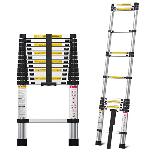 12.5FT Telescoping Ladder- Multi-Purpose Aluminum Extension Ladder Adjustable Compact Ladder for Household, RV, Outdoor, 330lbs Max Capacity