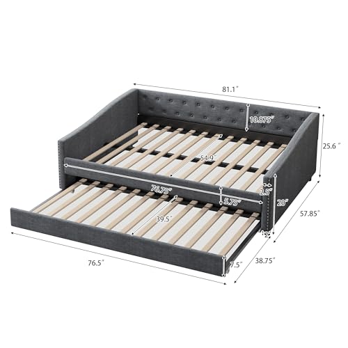 Twin Size Daybed with Storage, Upholstered Day Bed Frame with 2 Drawers and Button Tufted Backrest,Wood Slat Support,No Box Spring Needed,Light Grey