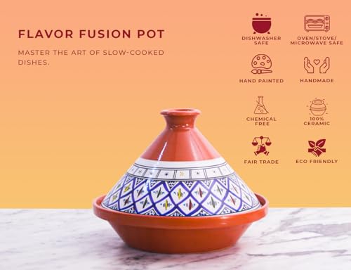Kamsah Hand Made and Hand Painted Non-Stick Tagine Pot | Moroccan Ceramic Pots For Cooking and Stew Casserole Slow Cooker (Medium, Supreme Bohemian Red)