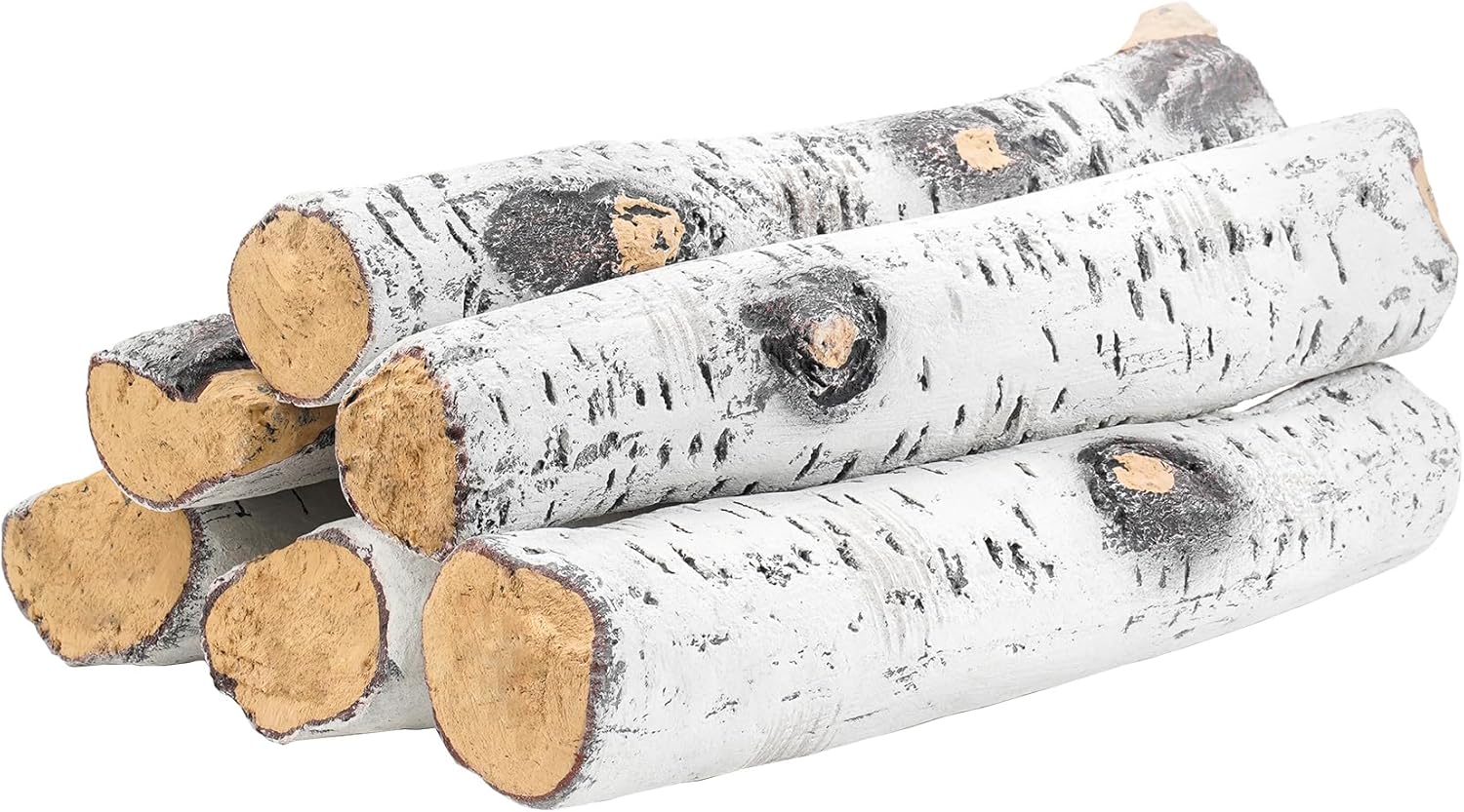 Skyflame 6 Piece Set of Gas Fireplace Logs, Large White Birch Ceramic Logs for All Types of Indoor/Outdoor Gas Inserts, Ventless, Fireplaces and Fire Pits