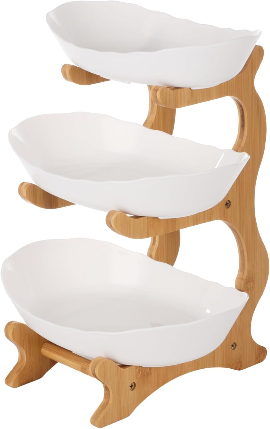 3 Tier Fruit Basket, Plastic Fruit Bowls with Bamboo Stand, 3-Tier Fruit Serving Tray Set, Large Fruit Basket for Kitchen, Oval Serving Bowls with Wood Rack for Desserts (Plastic+ Wood)